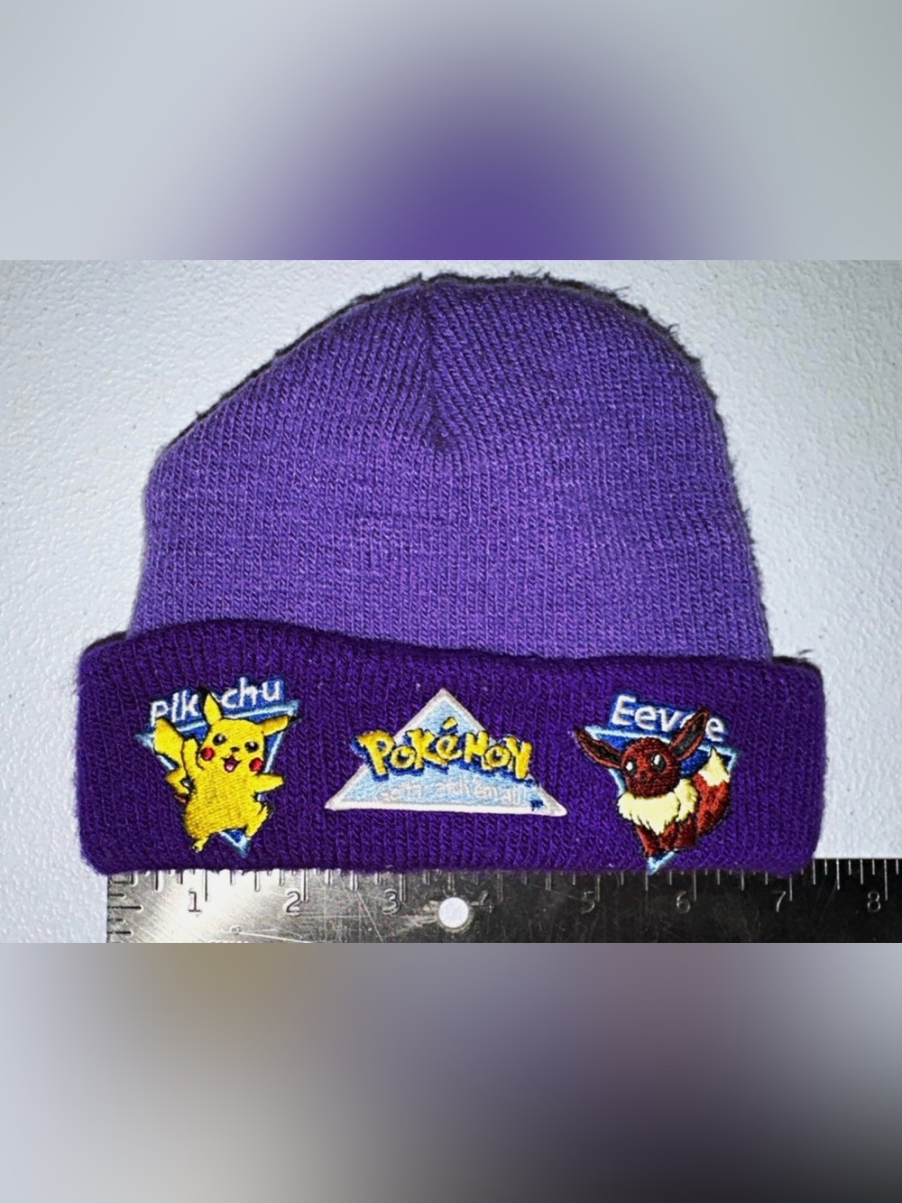 VTG Youth 1999 Pokemon Pikachu Eevee Purple Knit Beanie Hat Nintendo Berkshire